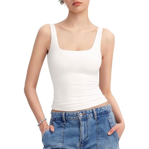 Alljoin Women White Double Lined Square Neck Sleeveless Tank Top For Workout Gym - Picture 1 of 7